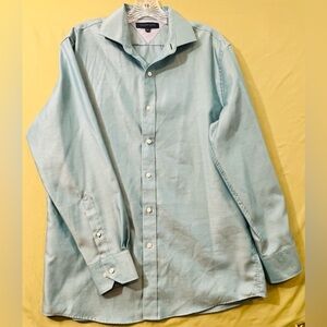 Tommy Hilfig Mens Button Shirt S 16 32-33 Aqua Blue Pinstripe SMALL FABRIC SNAG